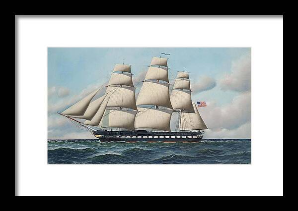 Antonio Nicolo Gasparo Jacobsen (copenhagen 1850-1921 Hoboken Framed Print featuring the painting The U S S Constitution in full sail by MotionAge Designs