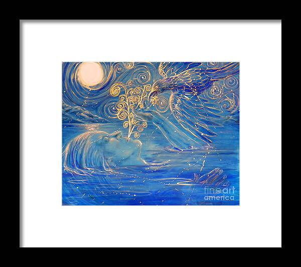 Blue Water Moon Light Shadow Dark Gold Reflection Shiny Bird Mountains Hands Landscape Surrealistic Allegory Woman Floating Stars Framed Print featuring the painting The Water Is Deep by Ida Eriksen