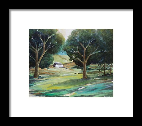 Farm Framed Print featuring the painting The White Barn by Jun Jamosmos