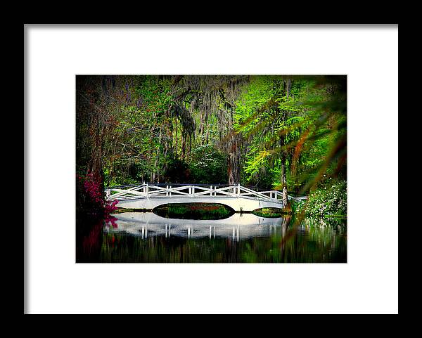 White Bridge Framed Print featuring the photograph The white bridge in Magnolia Gardens SC by Susanne Van Hulst