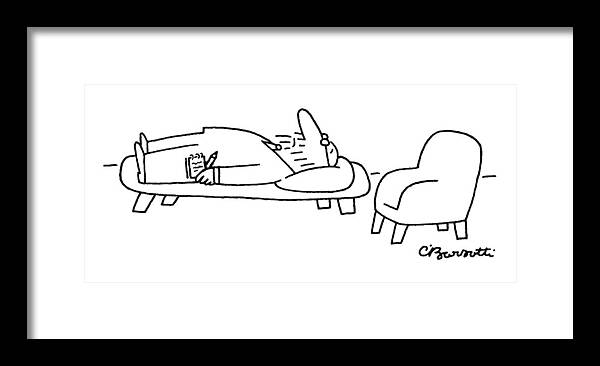 Psychiatrist Framed Print featuring the drawing Therapist on Couch by Charles Barsotti