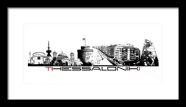 Thessaloniki Framed Print featuring the digital art Thessaloniki skyline city black by Justyna Jaszke JBJart