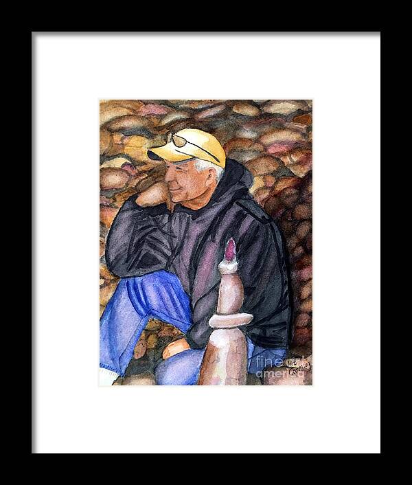 Man Framed Print featuring the painting Thinking Among His Rocks by Sue Carmony