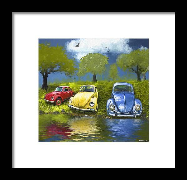 Bugs Framed Print featuring the digital art Three Bugs on a Hill by Ken Morris
