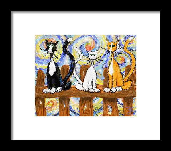 Cats Framed Print featuring the digital art Three cats on a fence by Debra Baldwin