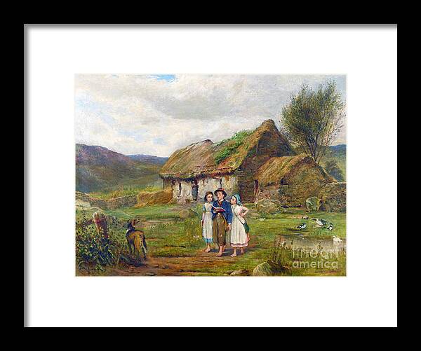 Carlton Alfred Smith - Three Children And A Dog Beside A Scottish Croft 1878 Framed Print featuring the painting Three Children and a Dog Beside a Scottish Croft by MotionAge Designs