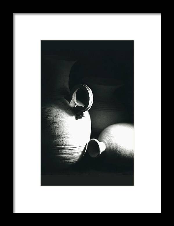 Black And White. Grey Tones Framed Print featuring the photograph Three Clay Jars 3 by Carol Neal-Chicago