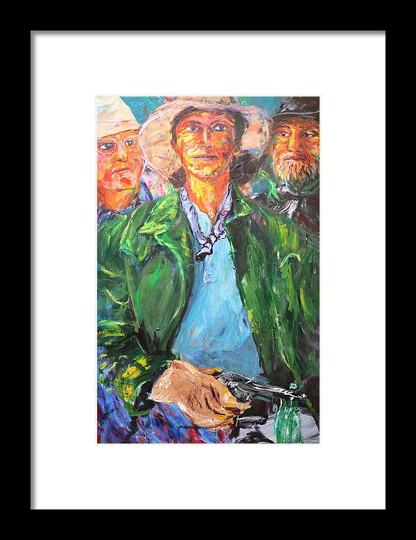 Portraits Framed Print featuring the painting Three Cowboys and a gun by Madeleine Shulman