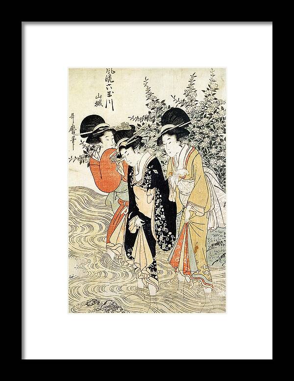 Three Girls Paddling In A River Framed Print featuring the painting Three girls paddling in a river by Kitagawa Utamaro