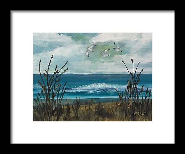 Ocean Framed Print featuring the painting Three Gulls by Christina Schott