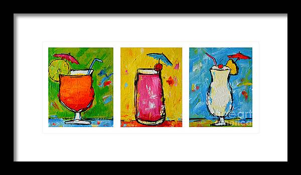 Triptych Framed Print featuring the painting Three in a Row Happy Hour Time by Patricia Awapara