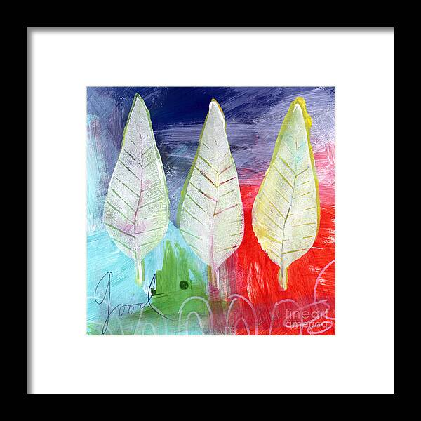 Abstract Framed Print featuring the painting Three Leaves Of Good by Linda Woods