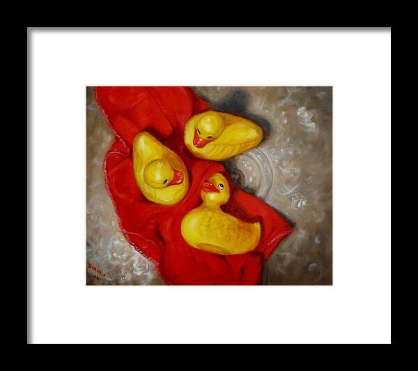 Realism Framed Print featuring the painting Three Rubber Ducks 2 by Donelli DiMaria