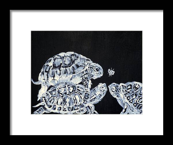 Turtle Framed Print featuring the painting Three Terrapins And One Fly by Fabrizio Cassetta
