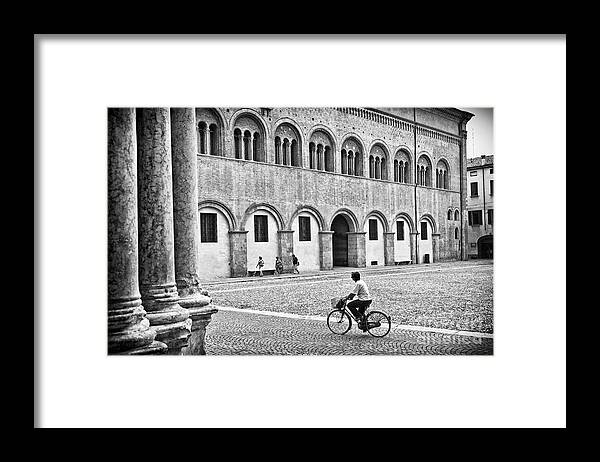 Black And White Framed Print featuring the photograph Three walking one biking by Silvia Ganora