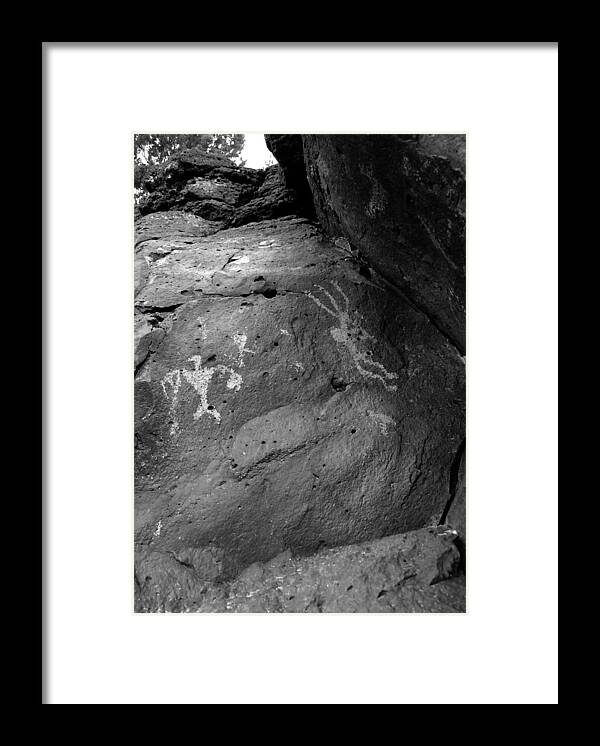 Petroglyphs Framed Print featuring the photograph Thunderbird Kokopelli b/w by Glory Ann Penington