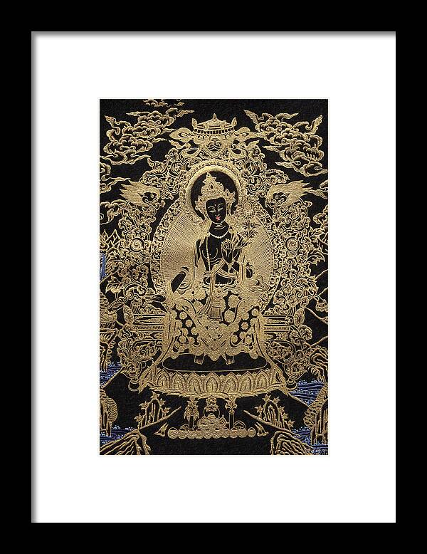 'treasures Of Tibet' Collection By Serge Averbukh Buddha Framed Print featuring the digital art Tibetan Thangka - Maitreya Buddha by Serge Averbukh