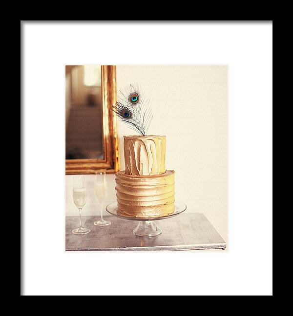 Cake Framed Print featuring the photograph Tiered Cake With Peacock Feathers On Top by Gillham Studios