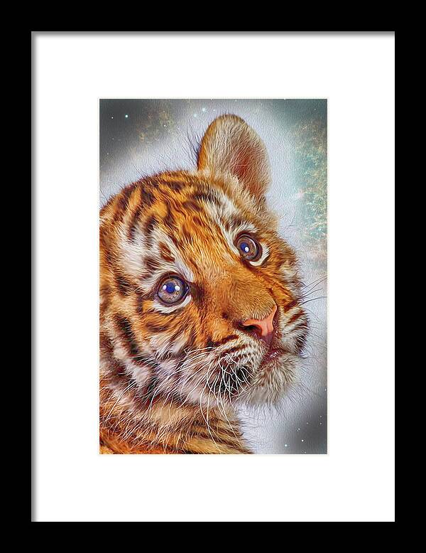 Look Framed Print featuring the digital art Tiger Cub by Tatiana Tyumeneva