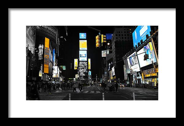 Times Square New York City Big Apple City That Never Sleeps Photography Lights People Large City Big City Manhattan New Year's Eve Ball Drop Nyc Night Blue Yellow Cyan Black And White Framed Print featuring the photograph Times Square New York City Big Apple by Andrew Billings