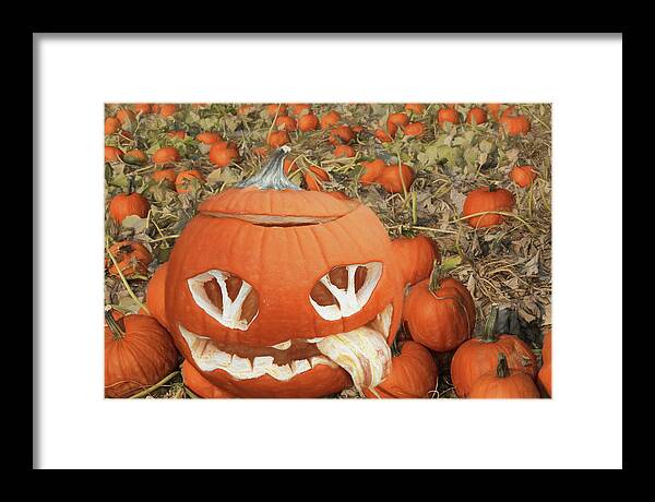 Carved Pumpkins Framed Print featuring the photograph Tired Pumpkin by Donna Kennedy