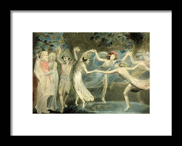 William Blake 1757–1827  Oberon Framed Print featuring the painting Titania and Puck with Fairies Dancing by William Blake