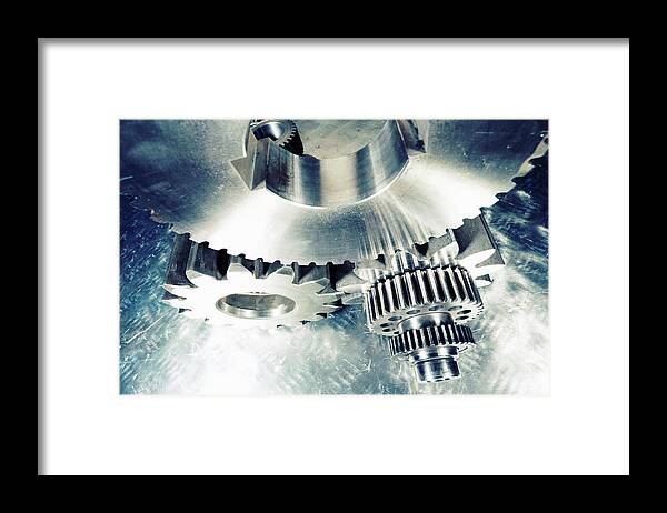 Cogwheels Framed Print featuring the photograph Titanium aerospace cogs and gears by Christian Lagereek