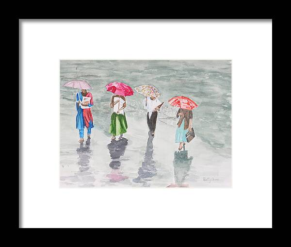 Rain Framed Print featuring the painting To work in the rain by Betty-Anne McDonald
