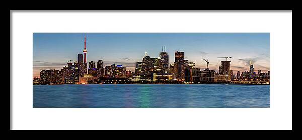 3scape Framed Print featuring the photograph Toronto Skyline at Dusk Panoramic by Adam Romanowicz