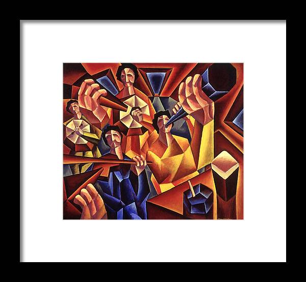 Framed Print featuring the painting Traditional irish session avec pints by Alan Kenny