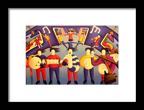 Traditional Framed Print featuring the painting Traditional irish session with dancers  by Alan Kenny