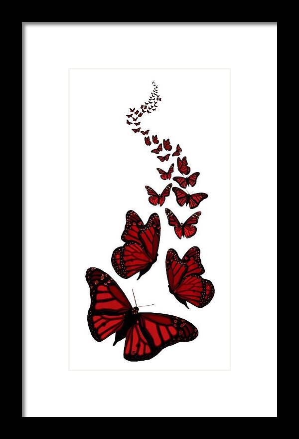 Red Framed Print featuring the digital art Trail of the Red Butterflies Transparent Background by Barbara St Jean