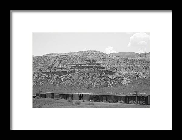 Black And White Photography Framed Print featuring the photograph Train in Desert in Black and White by Colleen Cornelius