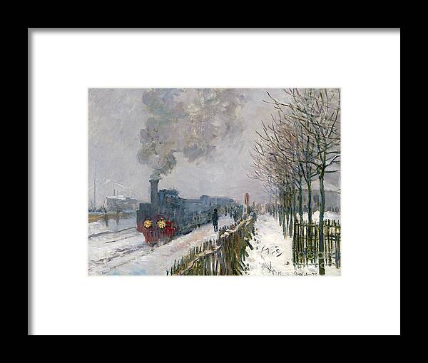 Train Framed Print featuring the painting Train in the Snow or The Locomotive by Claude Monet