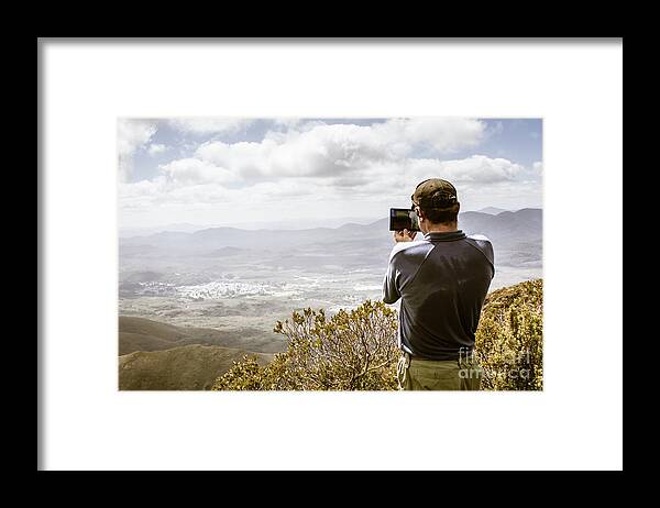 Technology Framed Print featuring the photograph Travel and technology man by Jorgo Photography