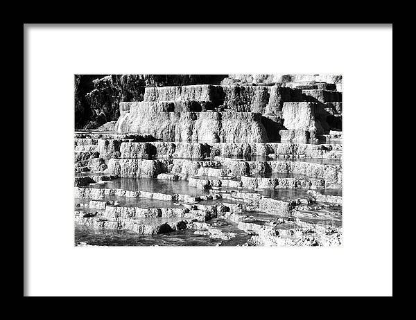 Yellowstone Framed Print featuring the photograph Travertine Hot Spring Terraces Mammoth Hot Springs Yellowstone NP Wyoming Black and White by Shawn O'Brien