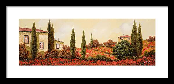 Landscape Framed Print featuring the painting Tre Case Tra I Papaveri Rossi by Guido Borelli