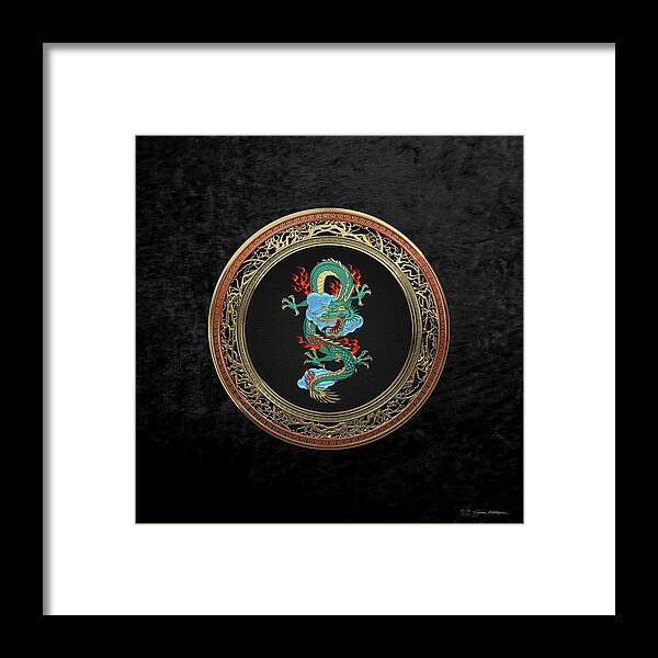 'treasure Trove' Collection By Serge Averbukh Framed Print featuring the digital art Treasure Trove - Turquoise Dragon over Black Velvet by Serge Averbukh