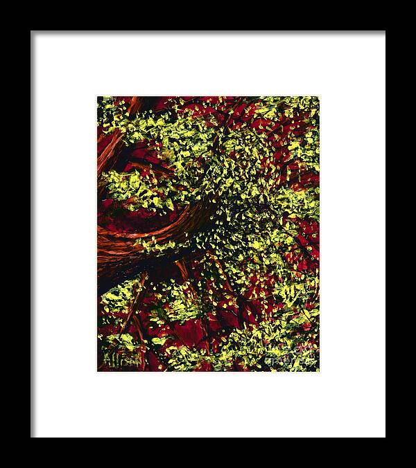#trees #landscapes #red #green #forests #sunlight Framed Print featuring the painting Tree with Red Sky by Allison Constantino