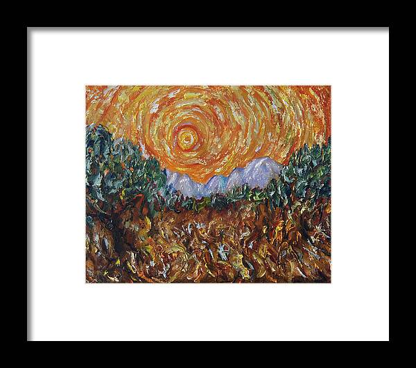 Trees Framed Print featuring the painting Trees, Yellow Sky and Sun Inspired by Vincent Van Gogh's Paintin by OLena Art by Lena Owens - Vibrant Design