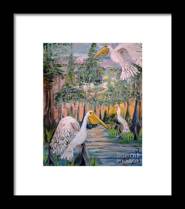 Trio Of Pelicans Framed Print featuring the painting Trio of Pelicans by Seaux-N-Seau Soileau