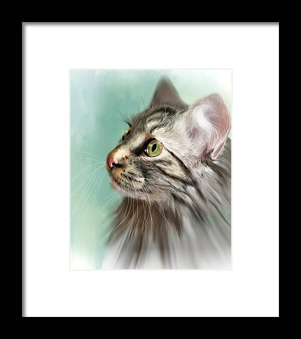 Cat Portrait Framed Print featuring the digital art Trixie the Maine Coon Cat by Angela Murdock
