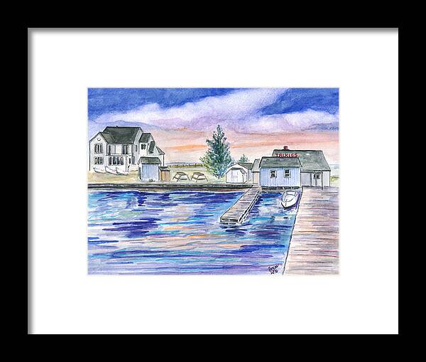 Bayville Framed Print featuring the painting Trixies Marina by Clara Sue Beym