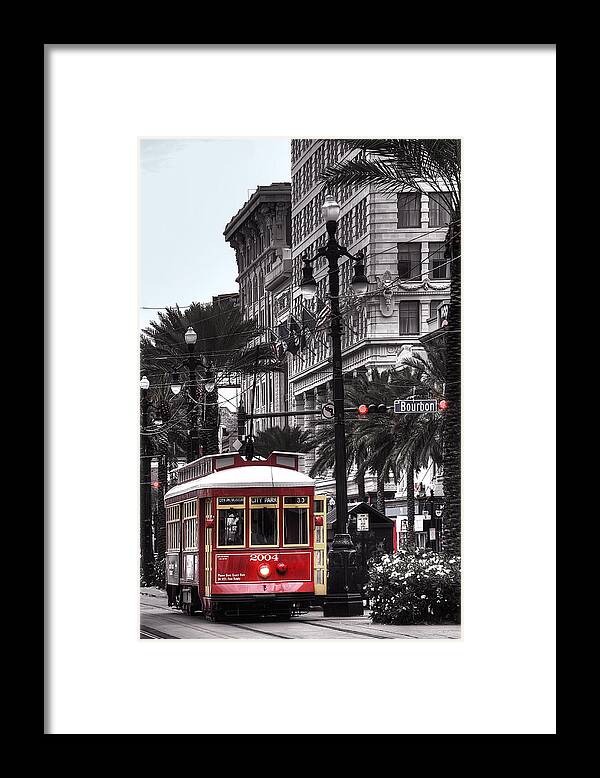 Nola Framed Print featuring the photograph Trolley on Bourbon and Canal by Tammy Wetzel
