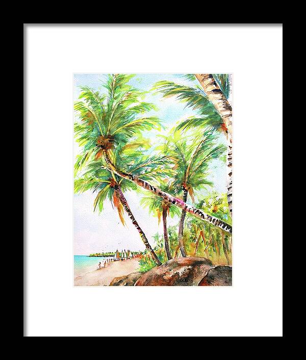 Beach Framed Print featuring the painting Tropical Beach Coconut Palms by Carlin Blahnik CarlinArtWatercolor