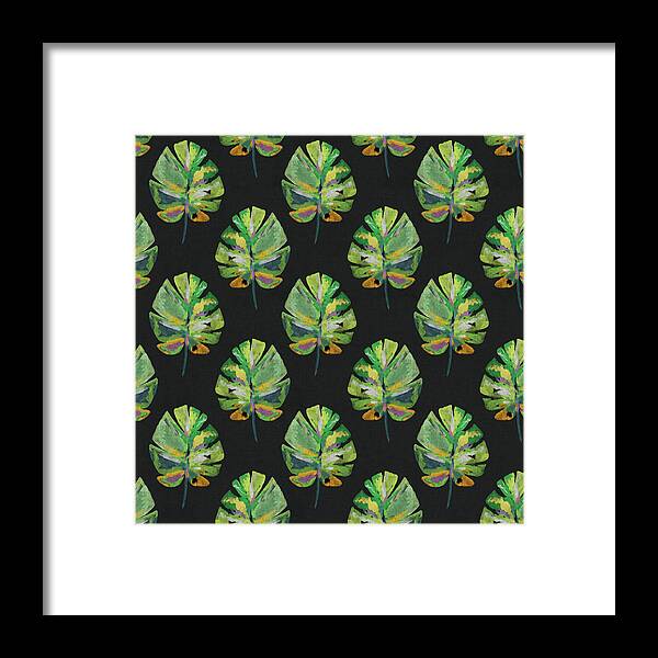 Palm Leaf Framed Print featuring the mixed media Tropical Leaves On Black- Art by Linda Woods by Linda Woods