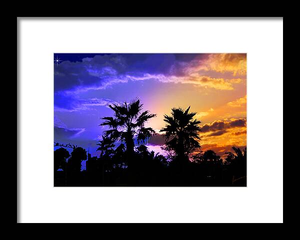 Tropic Tropical Landscape Night Sunset Twilight Evening Trees Palms Silhouette Sky Framed Print featuring the photograph Tropical Nightfall by Frances Miller