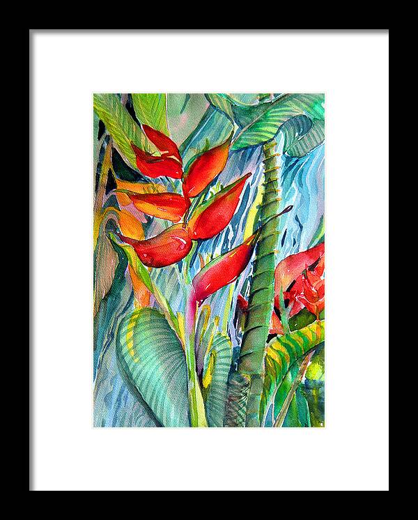 Watercolor Framed Print featuring the painting Tropical Waterfall by Mindy Newman