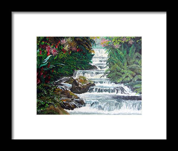 Tropical Framed Print featuring the painting Tropical Waterfall by Sarah Hornsby