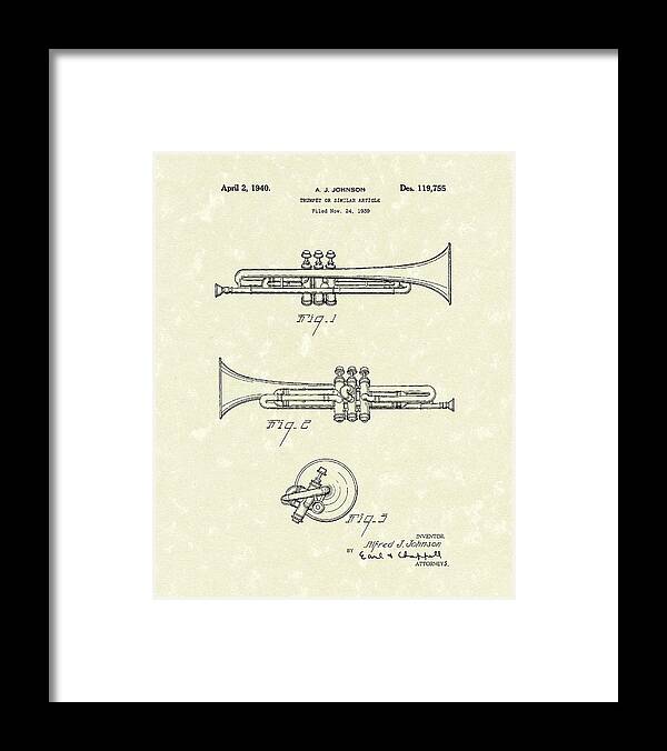 Johnson Framed Print featuring the drawing Trumpet 1940 Patent Art by Prior Art Design